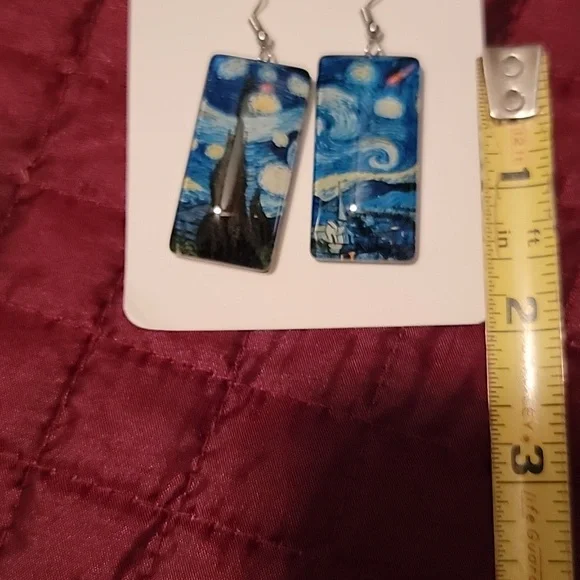 Starry Night Van Gogh Rectangular Earrings - Picture 2 of 2